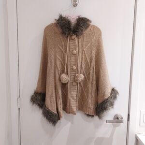 Brown Cableknit Poncho with Fur Hood